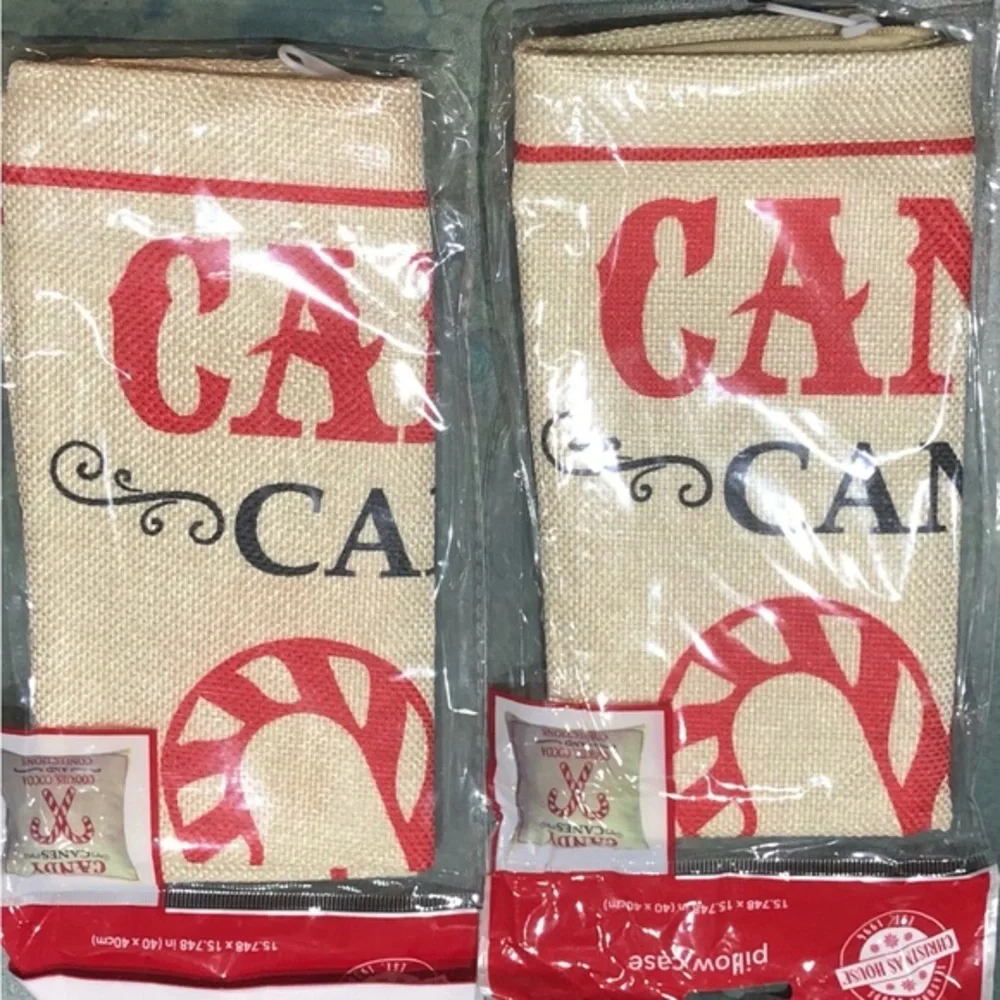 Burlap Christmas holiday candy cane red graphic print décor‎ pillow cases new